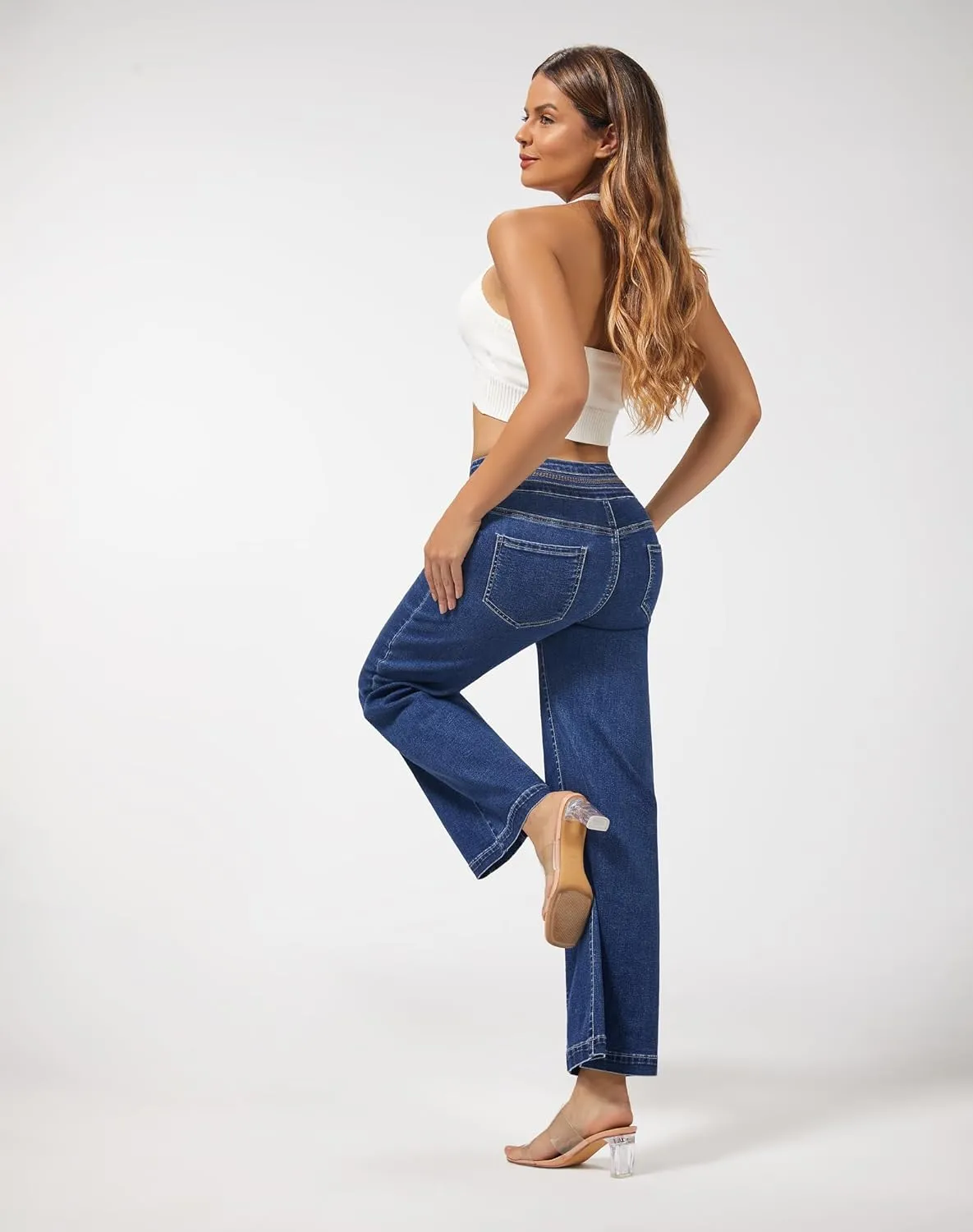 roswear Women's Wide Leg Petite Jeans High Waisted Stretchy Cropped Denim Pants