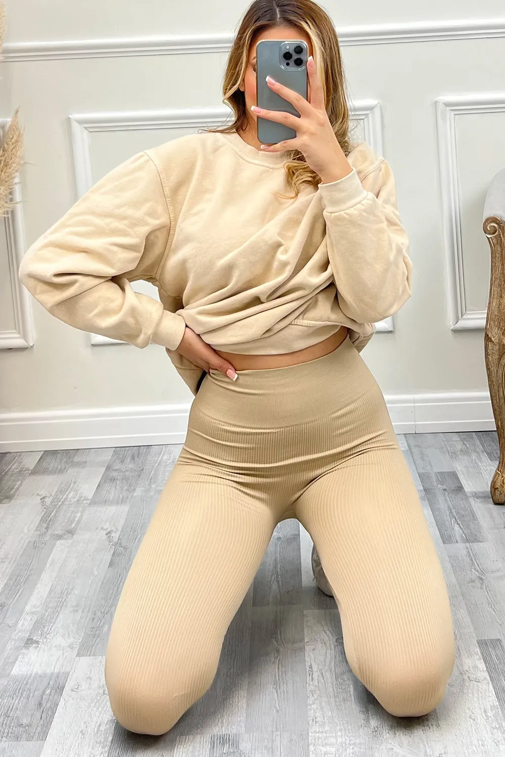 Sameena Beige Active High Waisted Rib Seamless Leggings