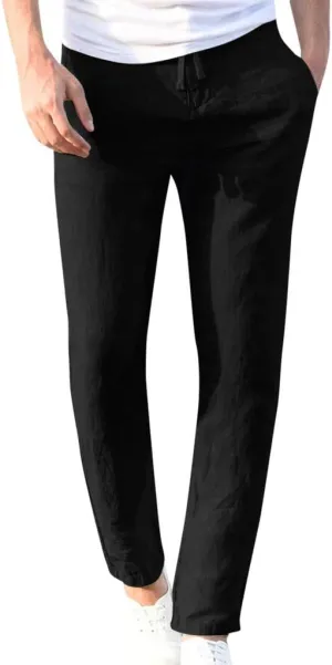 Slim Fit Dress Pants for Men 2023 Cotton Linen Casual Stylish Drawstring Elastic Waist Straight Leg Loose Trouser