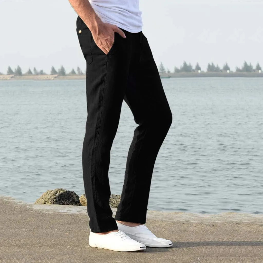 Slim Fit Dress Pants for Men 2023 Cotton Linen Casual Stylish Drawstring Elastic Waist Straight Leg Loose Trouser