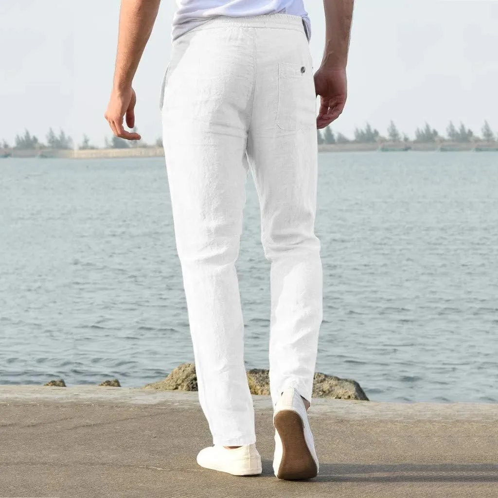 Slim Fit Dress Pants for Men 2023 Cotton Linen Casual Stylish Drawstring Elastic Waist Straight Leg Loose Trouser