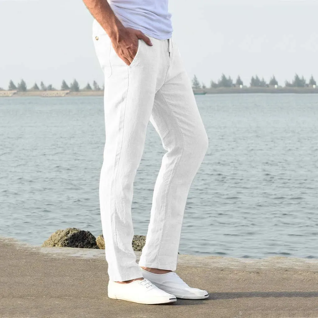 Slim Fit Dress Pants for Men 2023 Cotton Linen Casual Stylish Drawstring Elastic Waist Straight Leg Loose Trouser