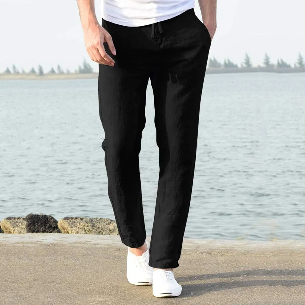 Slim Fit Dress Pants for Men 2023 Cotton Linen Casual Stylish Drawstring Elastic Waist Straight Leg Loose Trouser