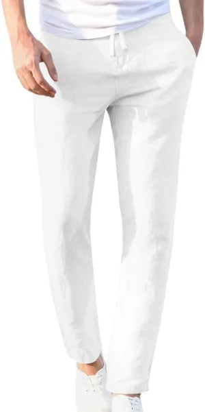 Slim Fit Dress Pants for Men 2023 Cotton Linen Casual Stylish Drawstring Elastic Waist Straight Leg Loose Trouser