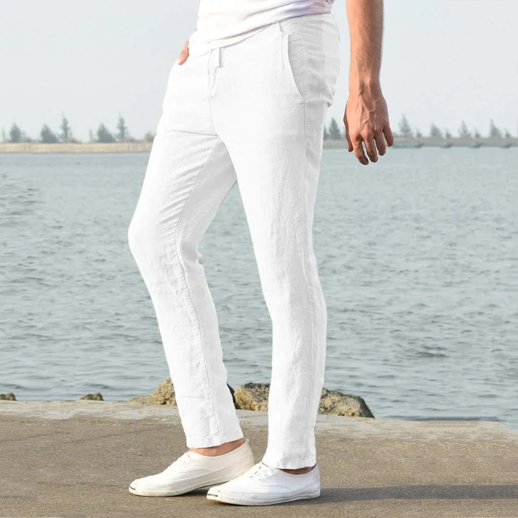 Slim Fit Dress Pants for Men 2023 Cotton Linen Casual Stylish Drawstring Elastic Waist Straight Leg Loose Trouser
