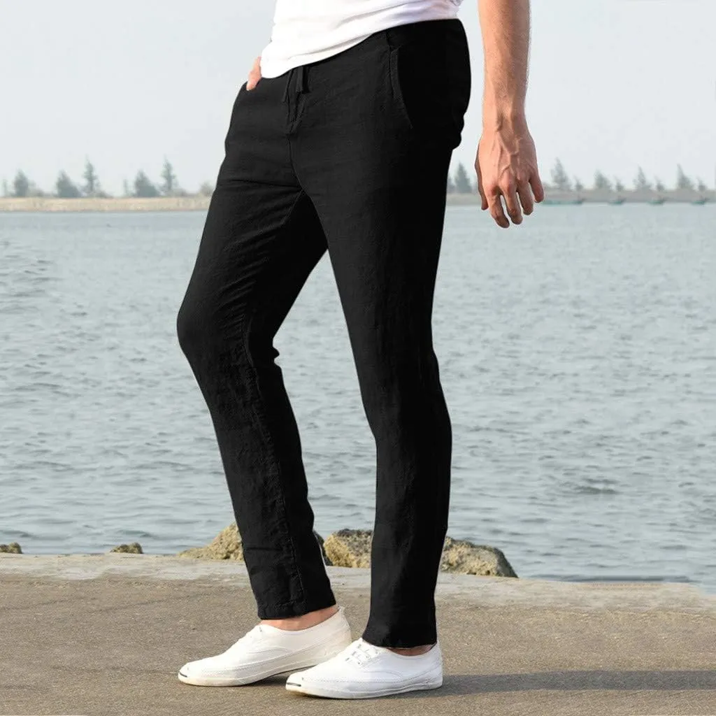 Slim Fit Dress Pants for Men 2023 Cotton Linen Casual Stylish Drawstring Elastic Waist Straight Leg Loose Trouser