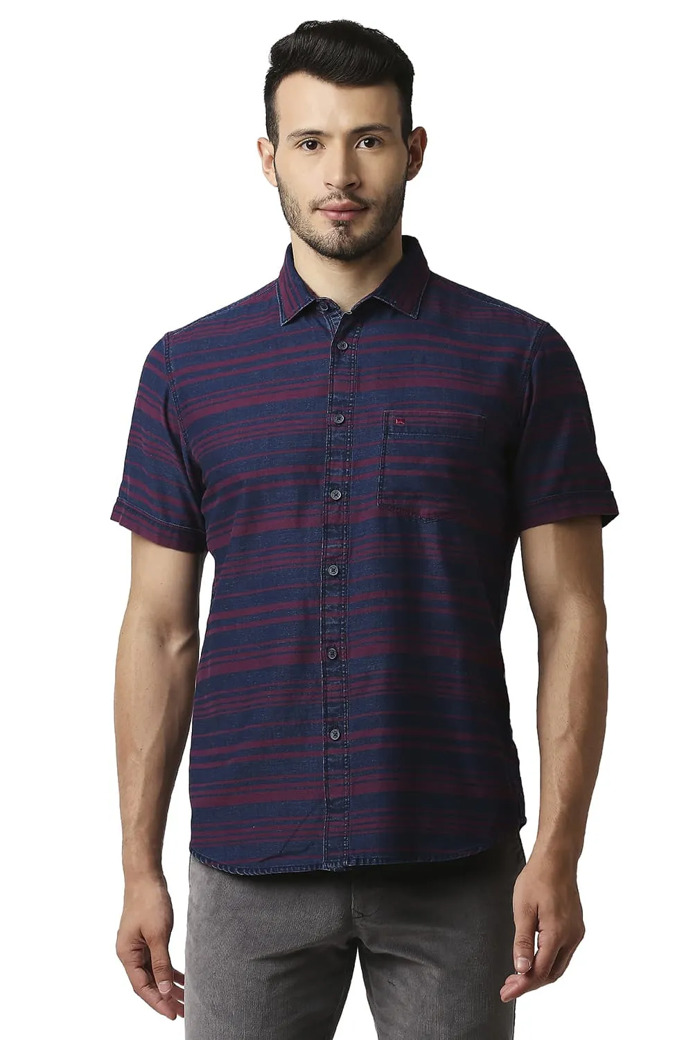 Slim Fit Indigo Weft Stripe Halfsleeves Shirt