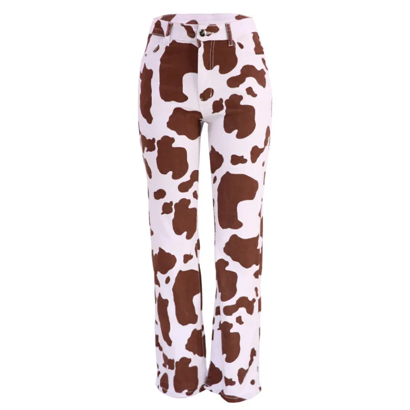 Stylish Cow Spot Print Denim Flared Trousers Wholesale Womens Clothing