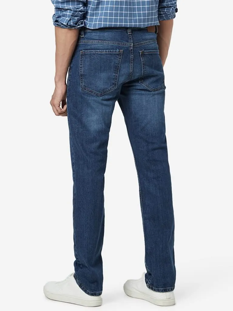WES Casuals Blue Relaxed-Fit Whiskered Jeans