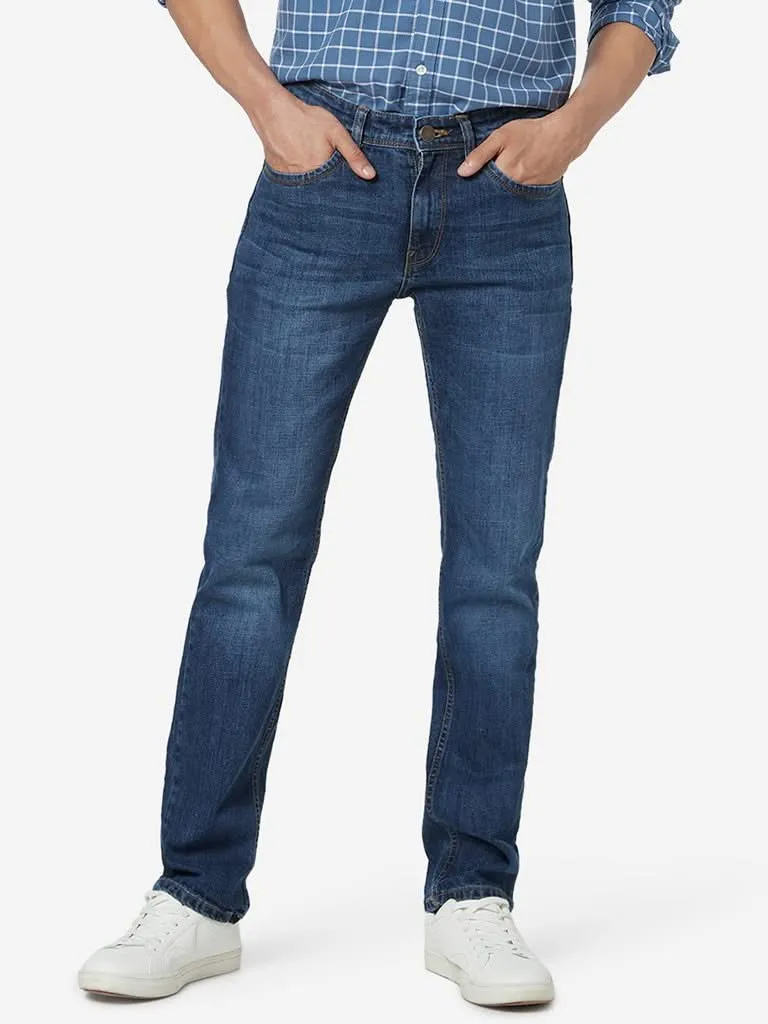 WES Casuals Blue Relaxed-Fit Whiskered Jeans