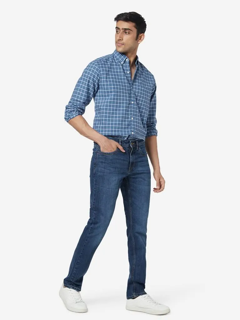WES Casuals Blue Relaxed-Fit Whiskered Jeans