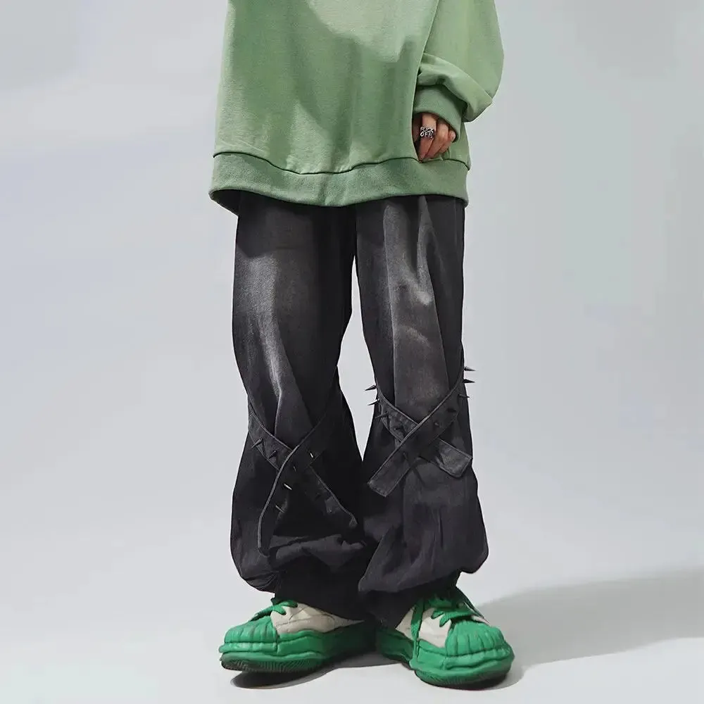 Wide Leg Stressed Black Raver Jeans