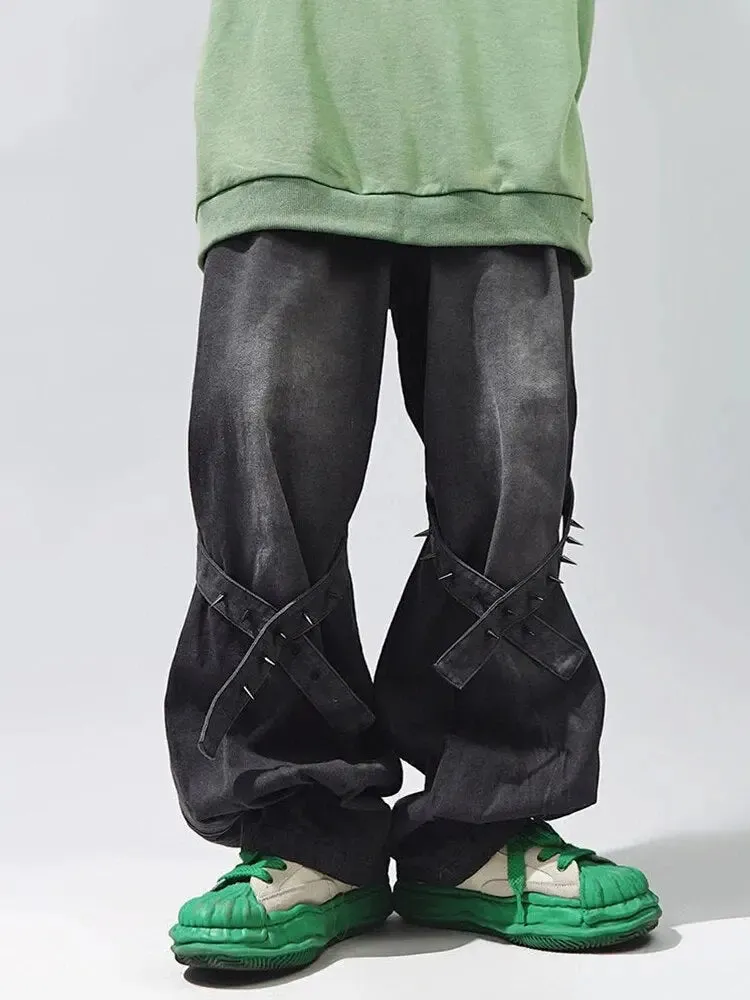 Wide Leg Stressed Black Raver Jeans