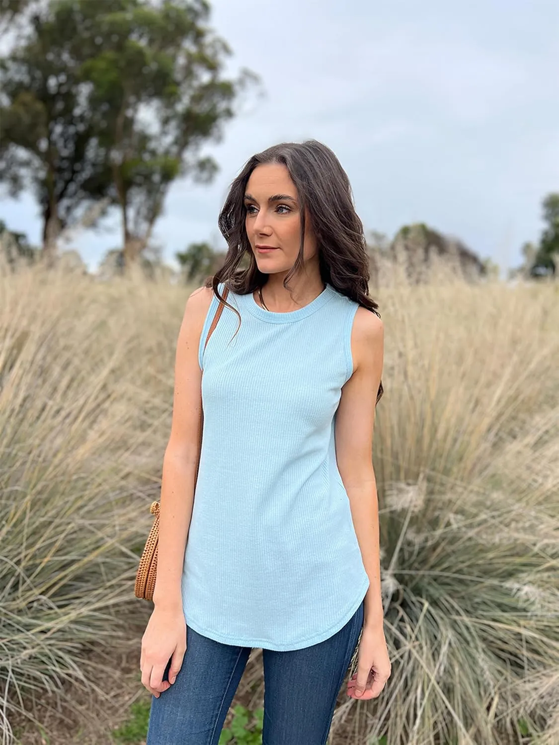 WIHOLL Crewneck Soft Waffle Knit Tank Top Women Loose Fit Curved Hem Cotton Beach Tops Trendy