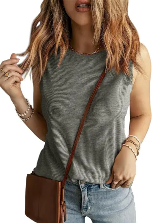 WIHOLL Crewneck Soft Waffle Knit Tank Top Women Loose Fit Curved Hem Cotton Beach Tops Trendy