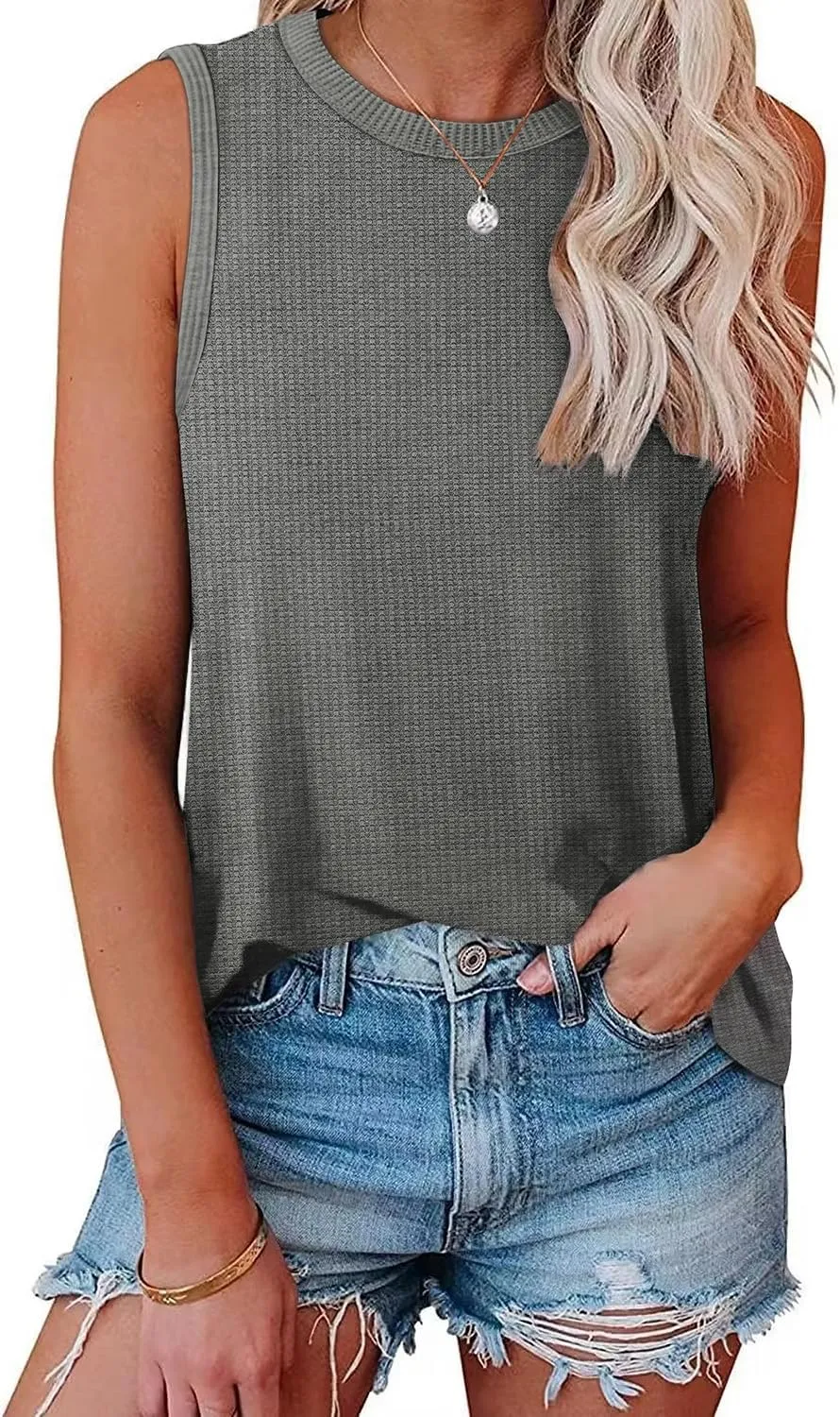 WIHOLL Crewneck Soft Waffle Knit Tank Top Women Loose Fit Curved Hem Cotton Beach Tops Trendy