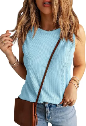 WIHOLL Crewneck Soft Waffle Knit Tank Top Women Loose Fit Curved Hem Cotton Beach Tops Trendy