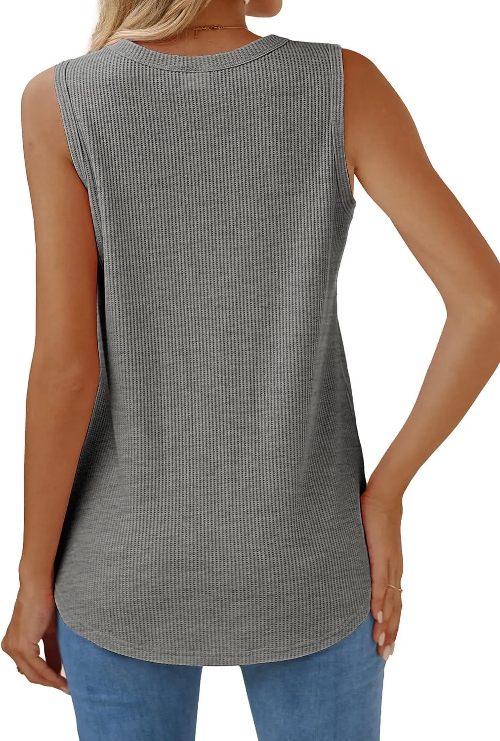 WIHOLL Crewneck Soft Waffle Knit Tank Top Women Loose Fit Curved Hem Cotton Beach Tops Trendy