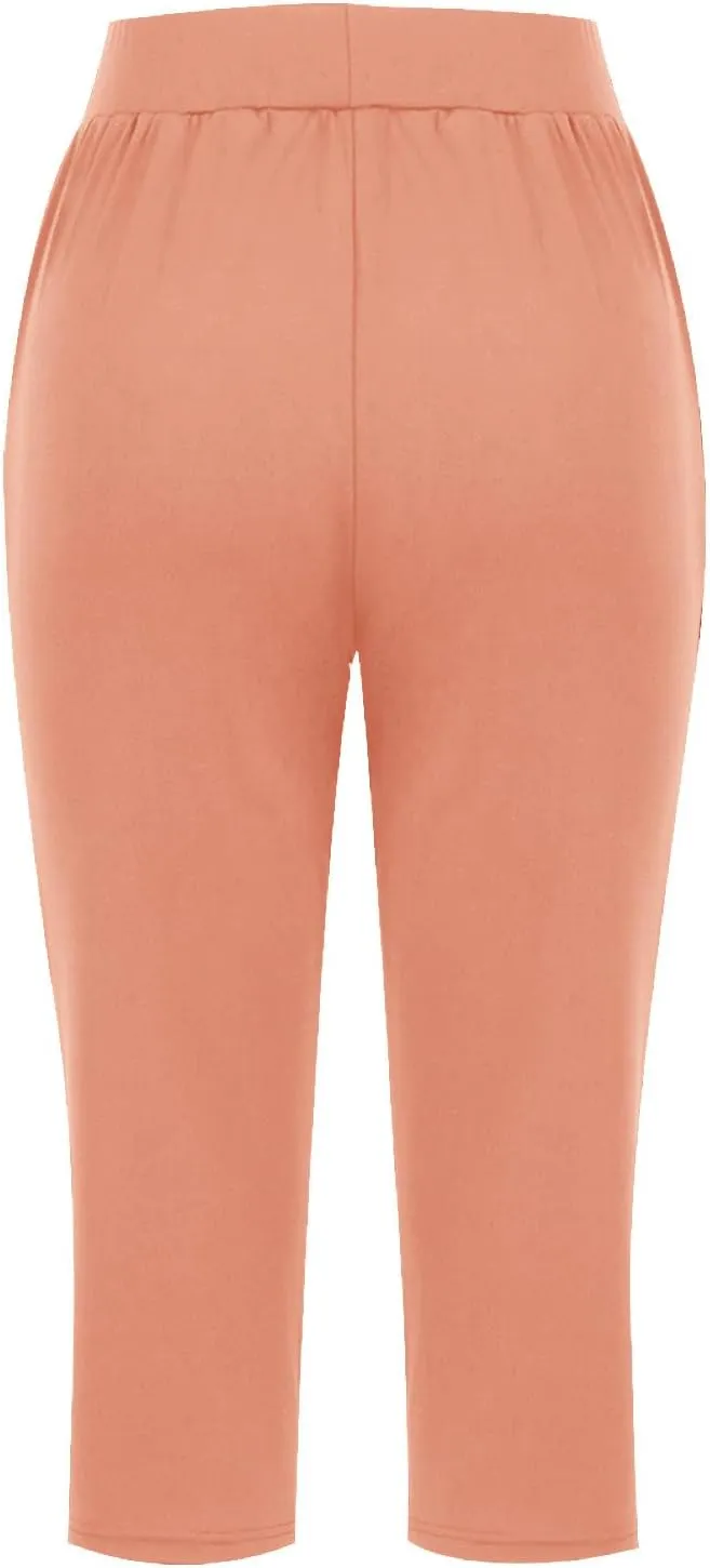 Women's Capris Solid Color Elastic High Waist Capri Pants Casual Stretchy Stylish Trousers Yoga Sports Pants