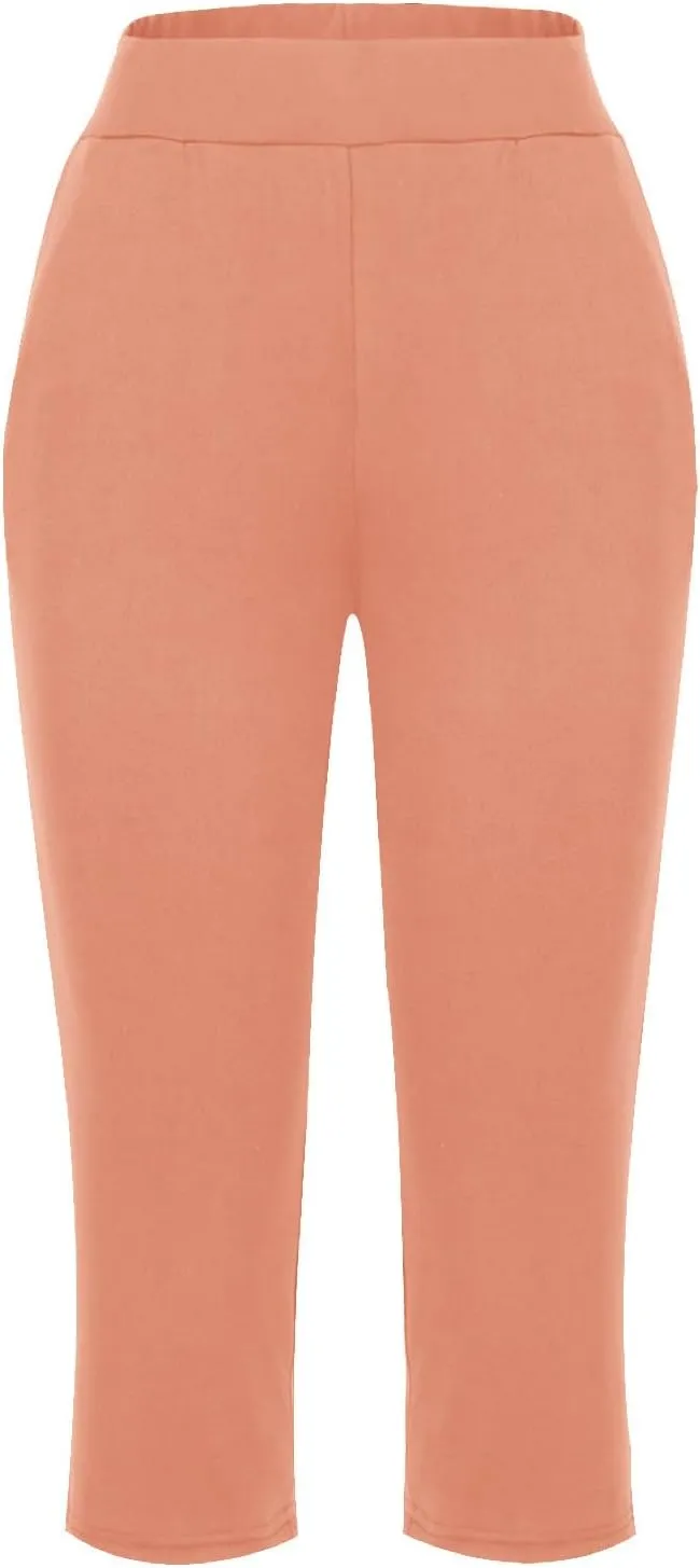 Women's Capris Solid Color Elastic High Waist Capri Pants Casual Stretchy Stylish Trousers Yoga Sports Pants
