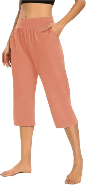Women's Capris Solid Color Elastic High Waist Capri Pants Casual Stretchy Stylish Trousers Yoga Sports Pants