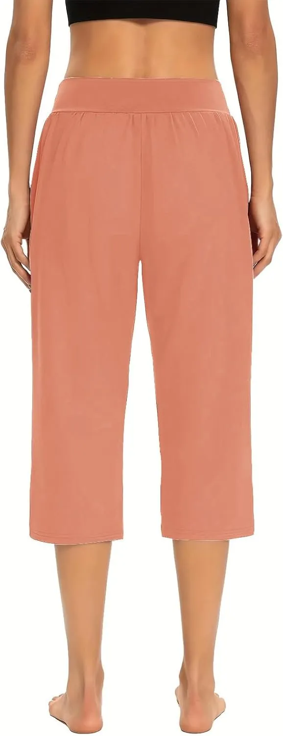 Women's Capris Solid Color Elastic High Waist Capri Pants Casual Stretchy Stylish Trousers Yoga Sports Pants