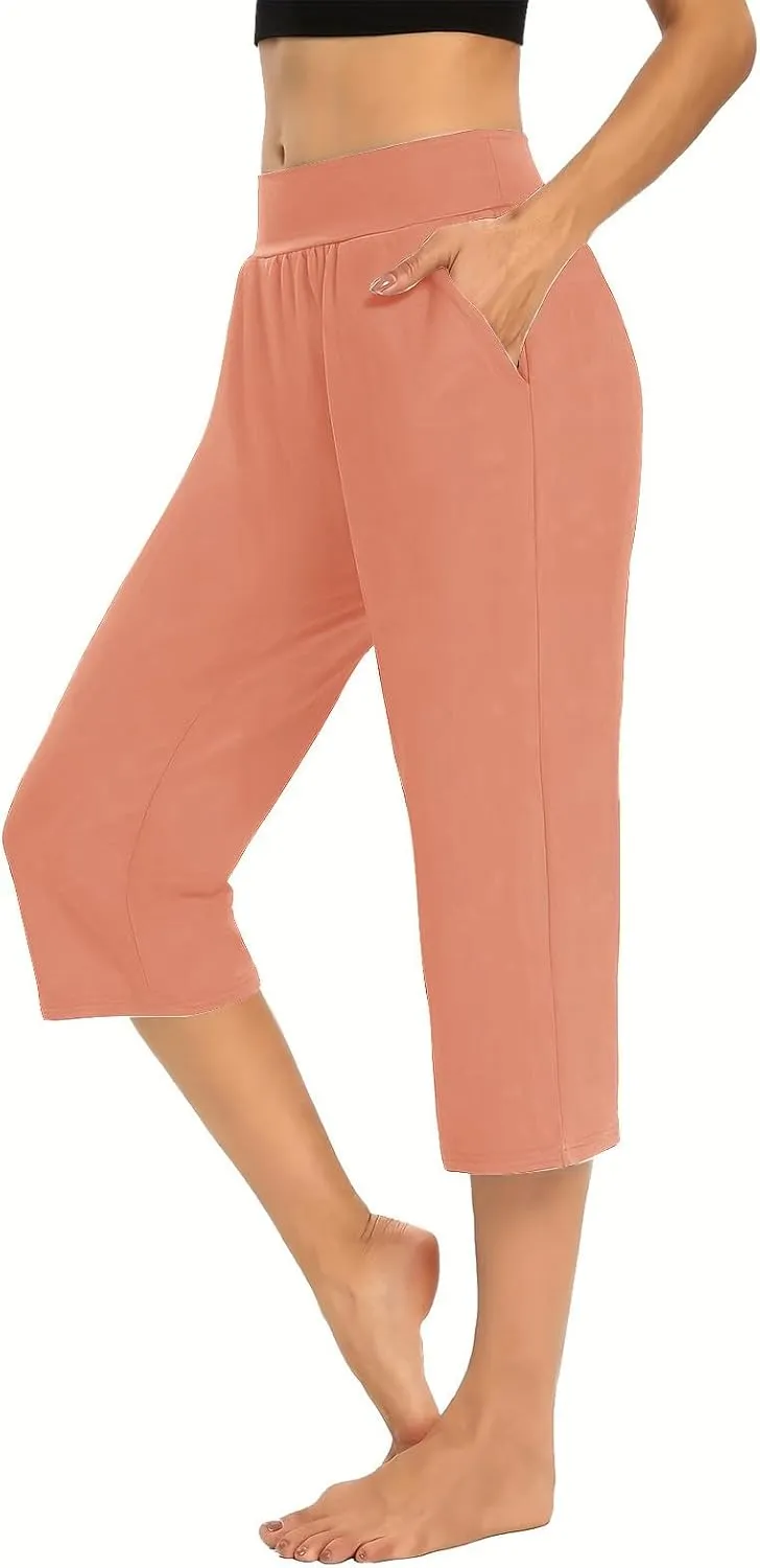 Women's Capris Solid Color Elastic High Waist Capri Pants Casual Stretchy Stylish Trousers Yoga Sports Pants