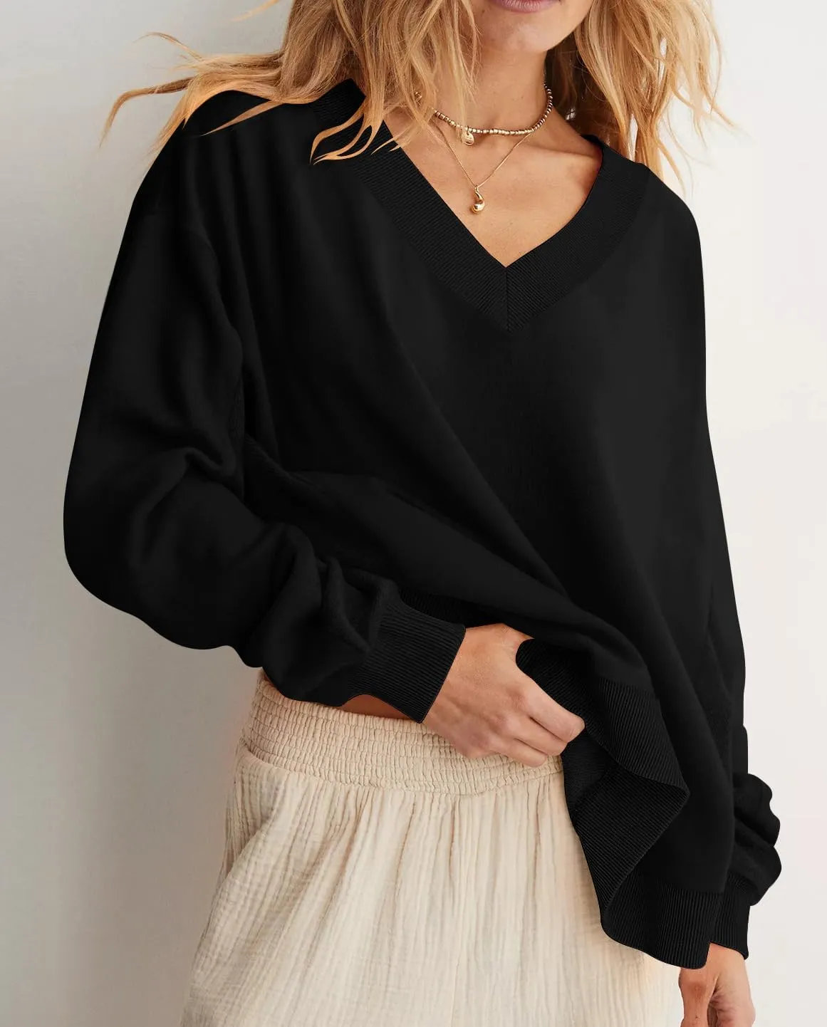 Womens Oversized Sweatshirt V Neck Loose Soft Long Sleeve Pullover Tops Fashion Hoodies Lightweight Clothes