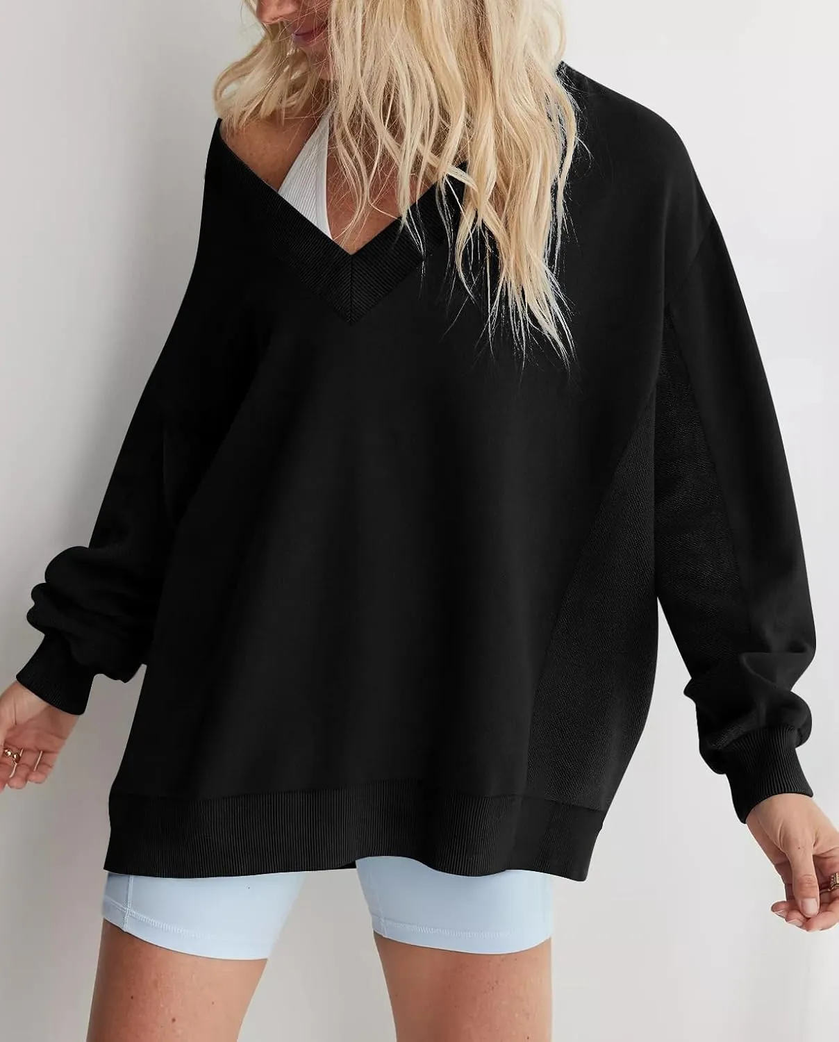 Womens Oversized Sweatshirt V Neck Loose Soft Long Sleeve Pullover Tops Fashion Hoodies Lightweight Clothes