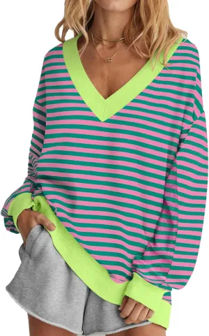 Womens Oversized Sweatshirt V Neck Loose Soft Long Sleeve Pullover Tops Fashion Hoodies Lightweight Clothes