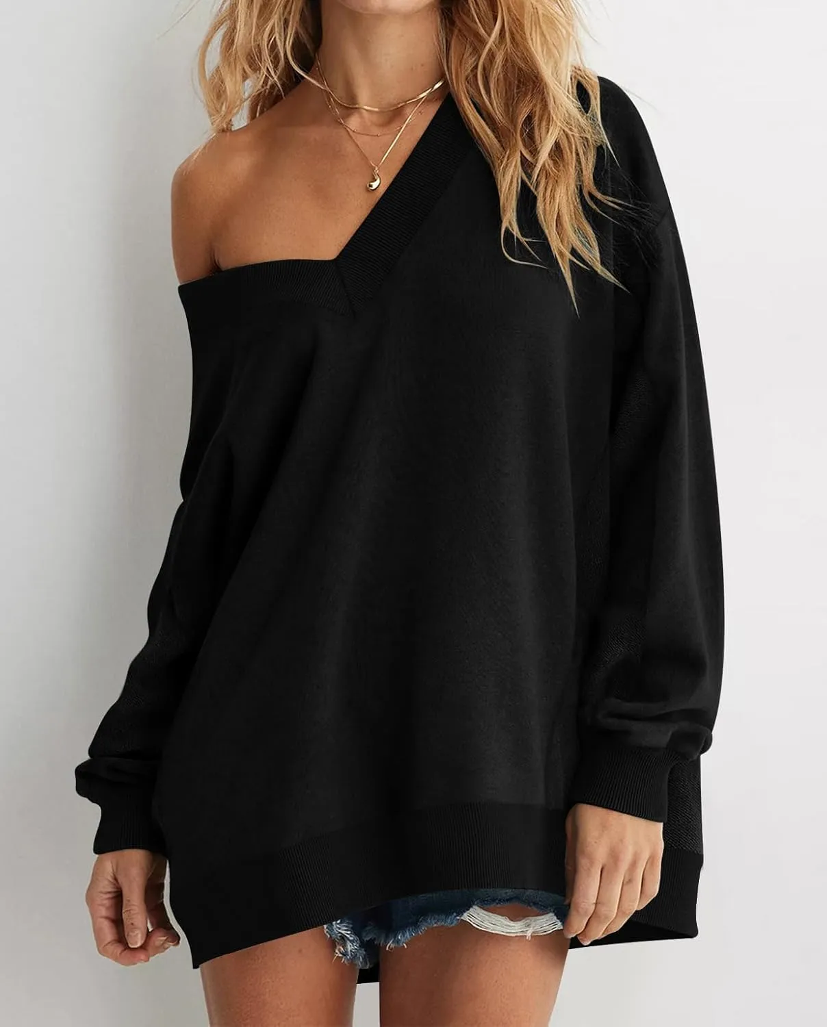 Womens Oversized Sweatshirt V Neck Loose Soft Long Sleeve Pullover Tops Fashion Hoodies Lightweight Clothes