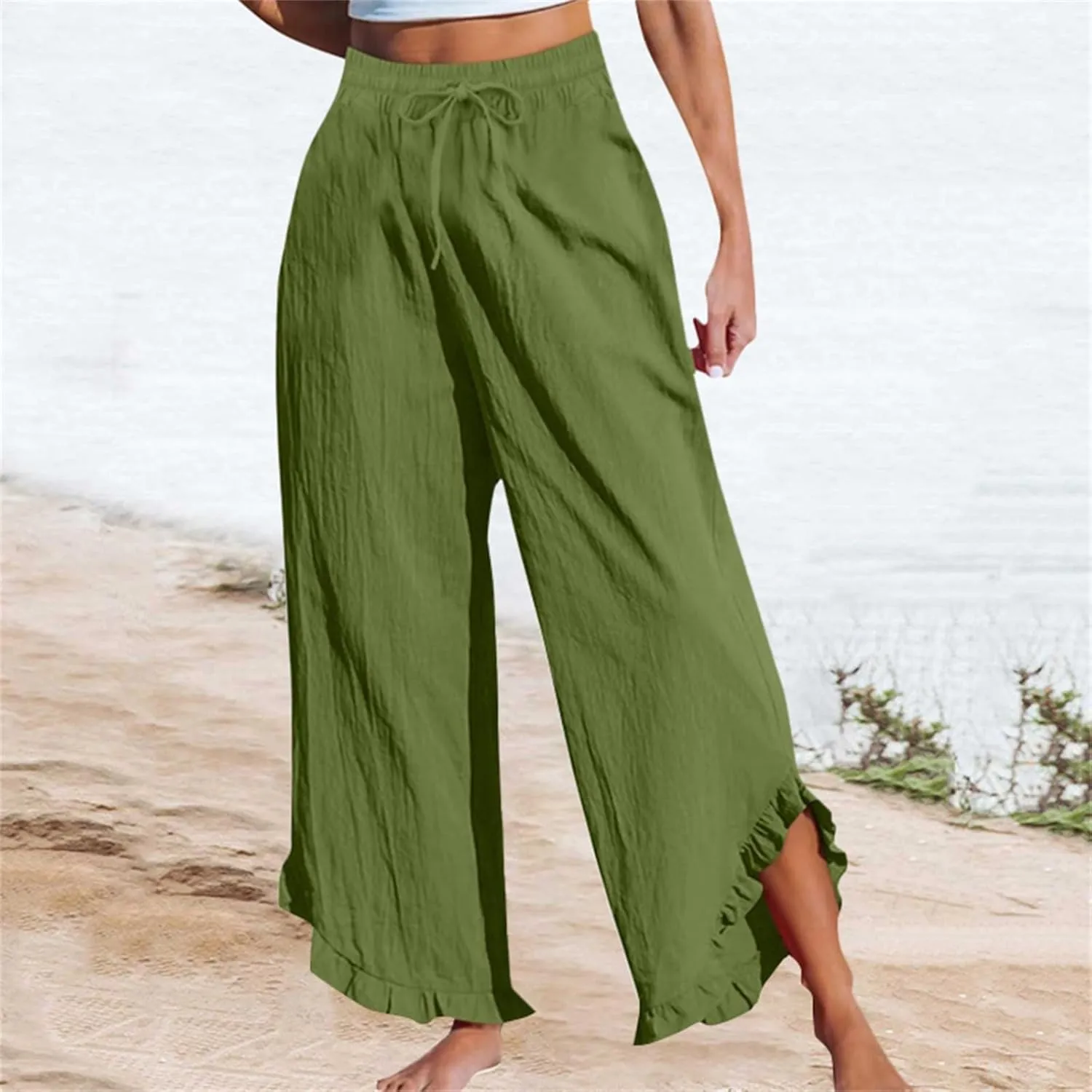 Womens Straight Casual Pants Cotton Linen High Wiast Wide Leg Soft Pant Summer Loose Fit Long Trousers with Pocket