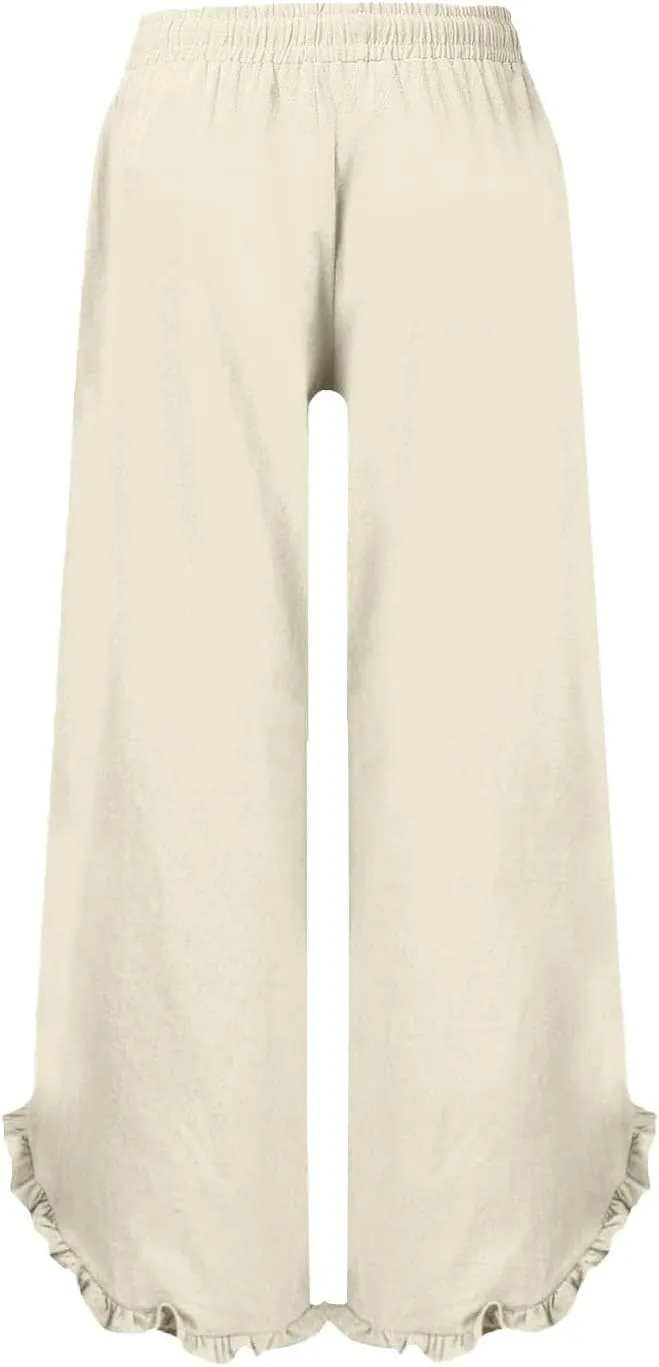 Womens Straight Casual Pants Cotton Linen High Wiast Wide Leg Soft Pant Summer Loose Fit Long Trousers with Pocket