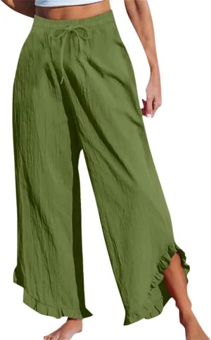 Womens Straight Casual Pants Cotton Linen High Wiast Wide Leg Soft Pant Summer Loose Fit Long Trousers with Pocket
