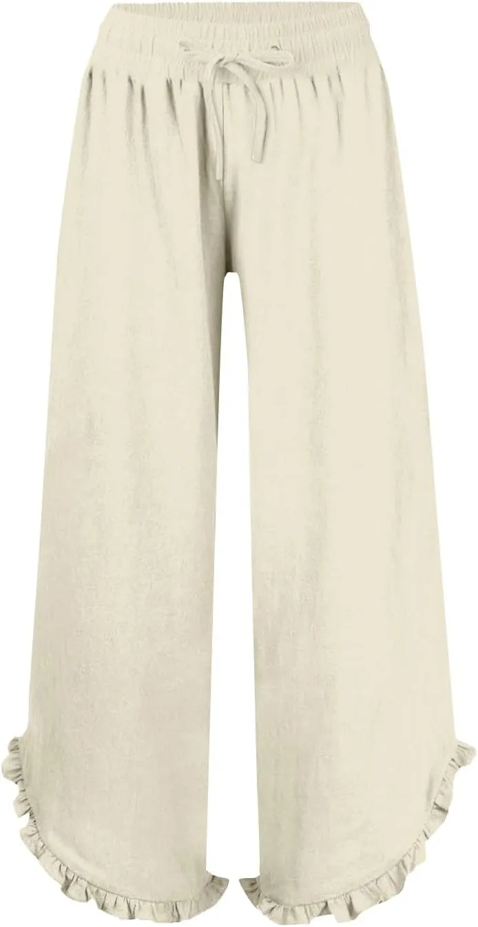Womens Straight Casual Pants Cotton Linen High Wiast Wide Leg Soft Pant Summer Loose Fit Long Trousers with Pocket