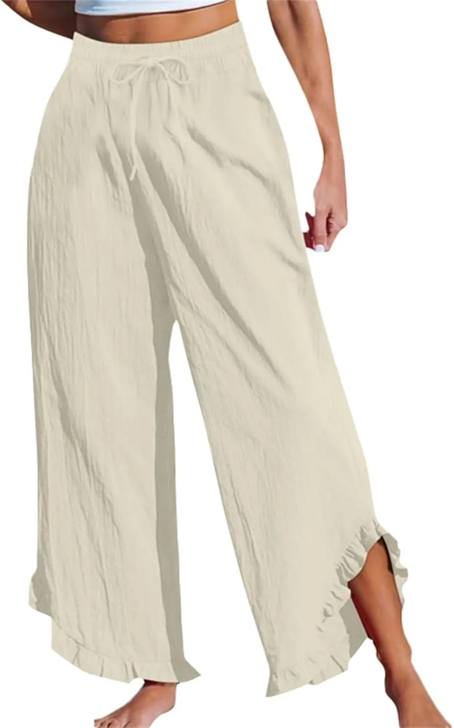 Womens Straight Casual Pants Cotton Linen High Wiast Wide Leg Soft Pant Summer Loose Fit Long Trousers with Pocket