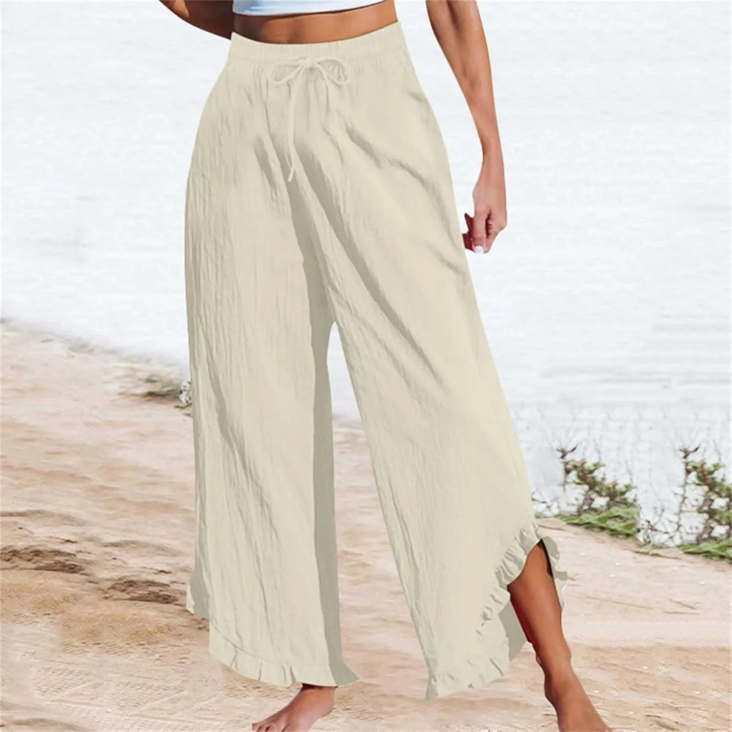 Womens Straight Casual Pants Cotton Linen High Wiast Wide Leg Soft Pant Summer Loose Fit Long Trousers with Pocket