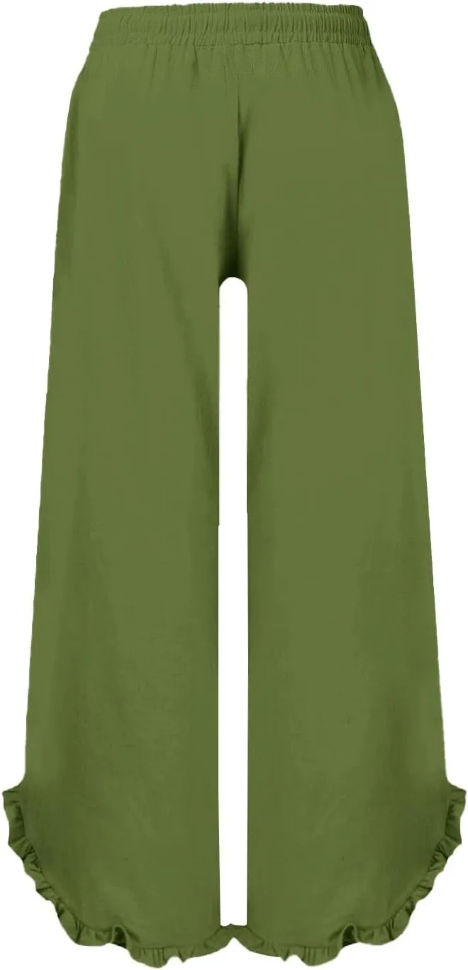 Womens Straight Casual Pants Cotton Linen High Wiast Wide Leg Soft Pant Summer Loose Fit Long Trousers with Pocket