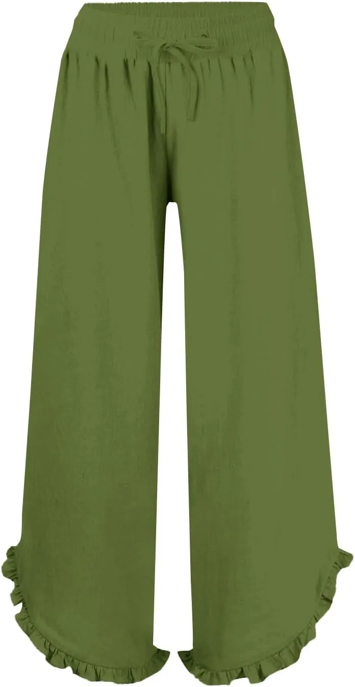 Womens Straight Casual Pants Cotton Linen High Wiast Wide Leg Soft Pant Summer Loose Fit Long Trousers with Pocket