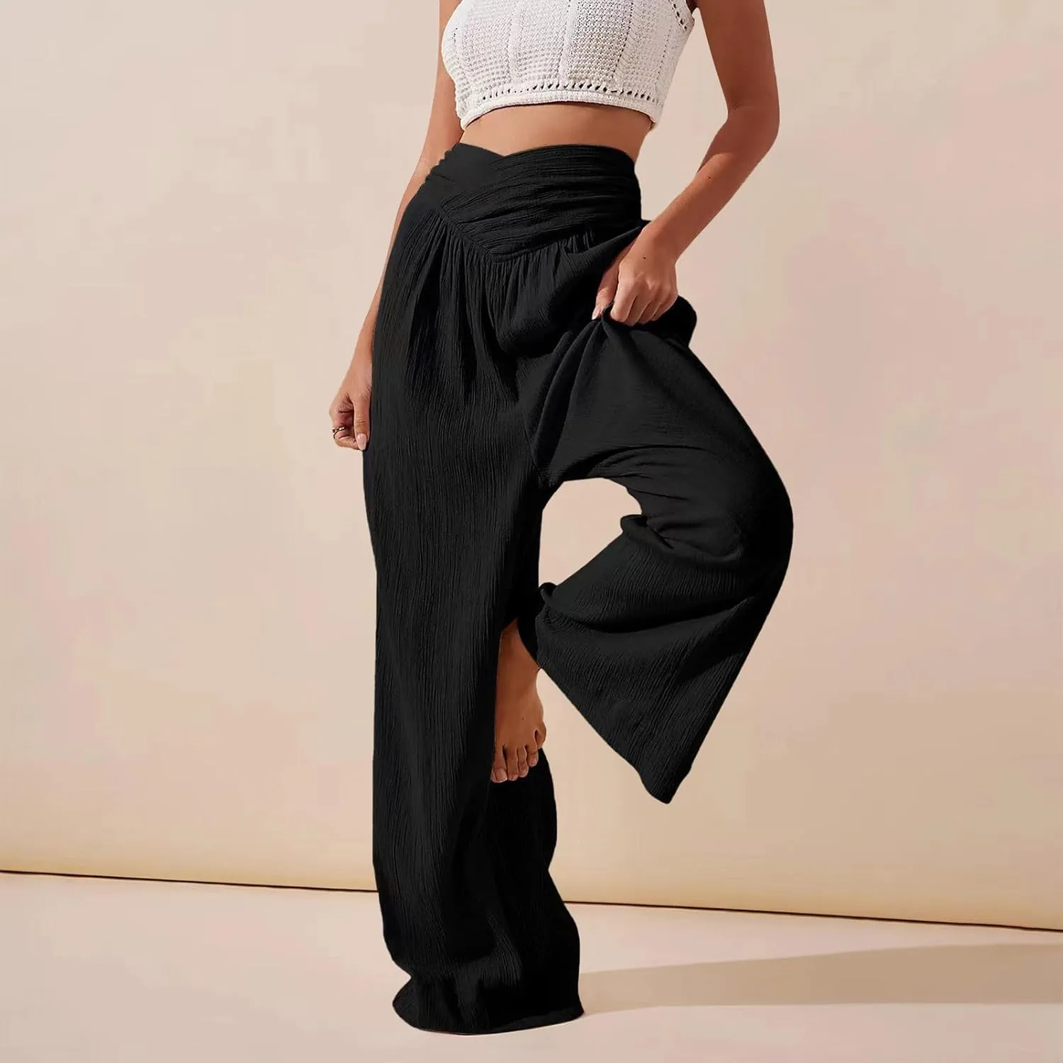 Women's Stylish Linen Palazzo Pants V-Crossover Waisted Wide Leg Casual Lounge Trousers Summer Boho Yoga Beach Pants