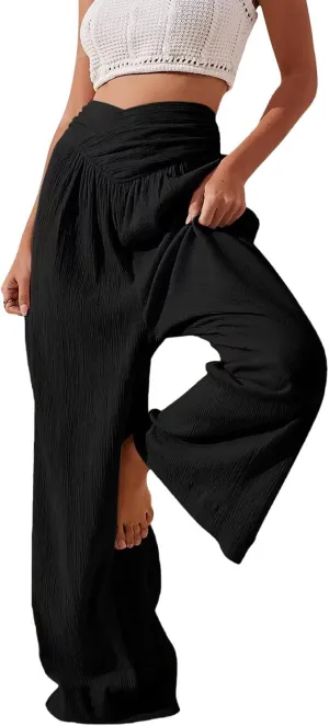 Women's Stylish Linen Palazzo Pants V-Crossover Waisted Wide Leg Casual Lounge Trousers Summer Boho Yoga Beach Pants