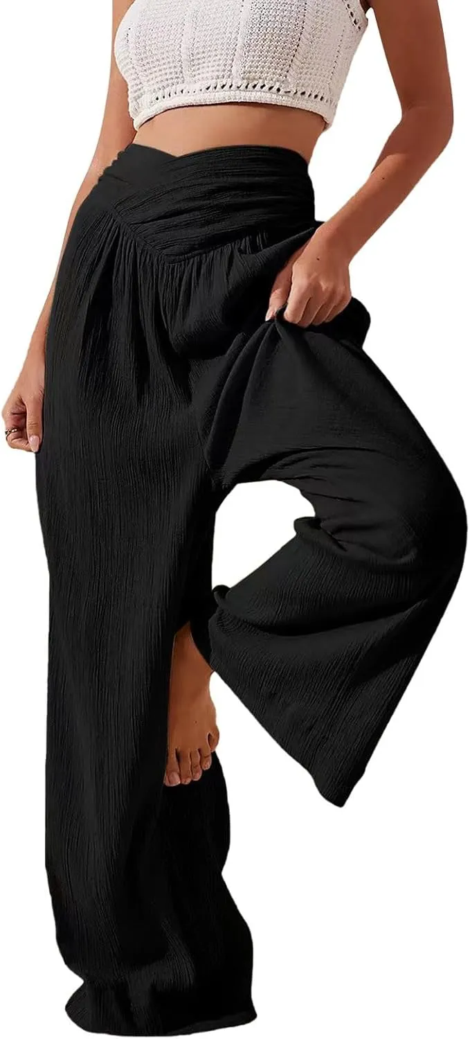 Women's Stylish Linen Palazzo Pants V-Crossover Waisted Wide Leg Casual Lounge Trousers Summer Boho Yoga Beach Pants