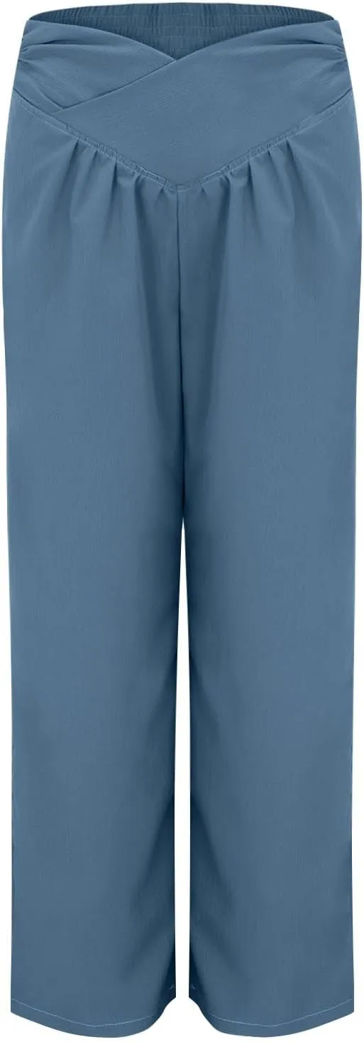 Women's Stylish Linen Palazzo Pants V-Crossover Waisted Wide Leg Casual Lounge Trousers Summer Boho Yoga Beach Pants