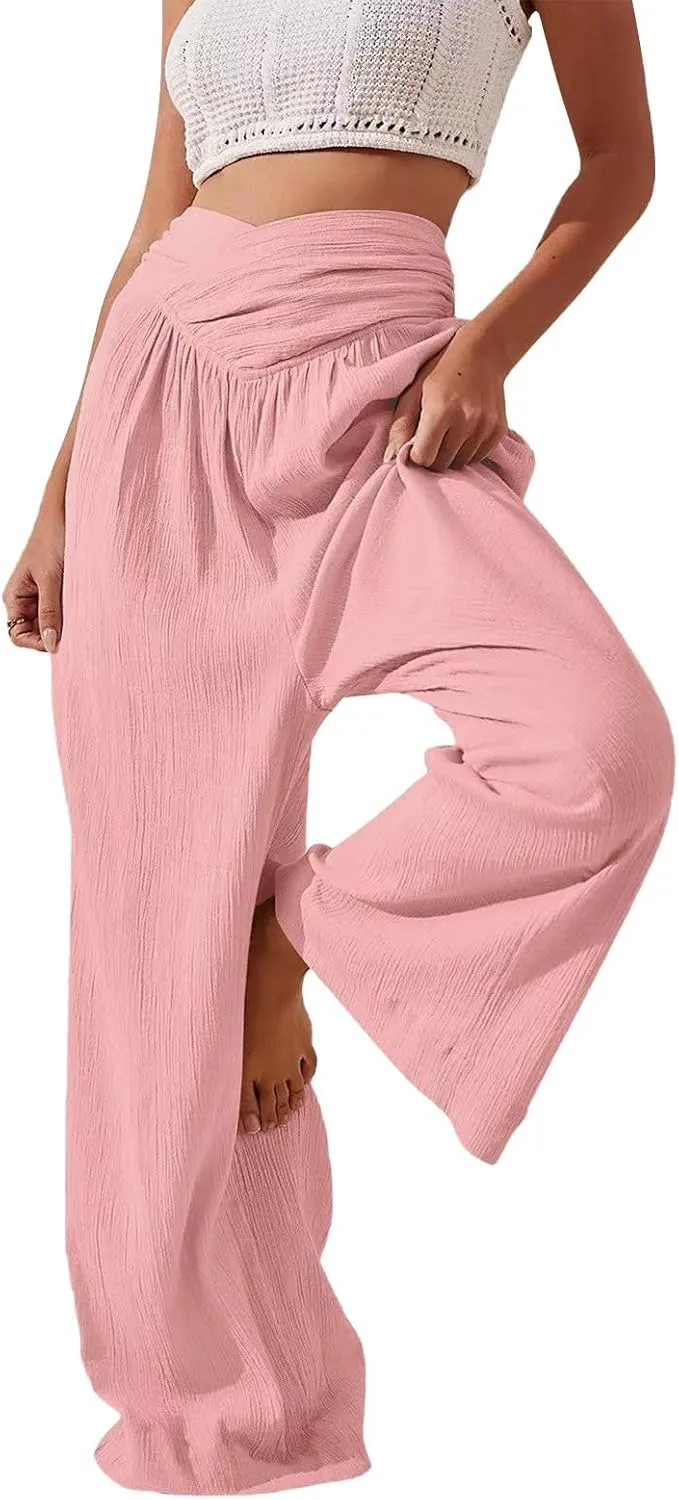 Women's Stylish Linen Palazzo Pants V-Crossover Waisted Wide Leg Casual Lounge Trousers Summer Boho Yoga Beach Pants