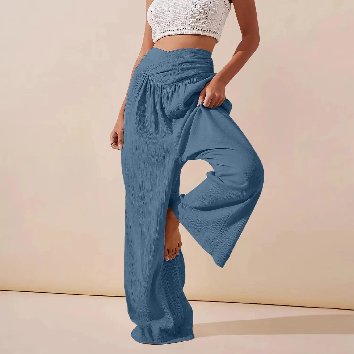 Women's Stylish Linen Palazzo Pants V-Crossover Waisted Wide Leg Casual Lounge Trousers Summer Boho Yoga Beach Pants