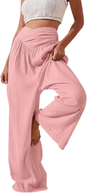 Women's Stylish Linen Palazzo Pants V-Crossover Waisted Wide Leg Casual Lounge Trousers Summer Boho Yoga Beach Pants