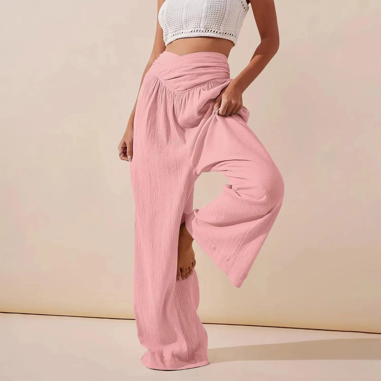 Women's Stylish Linen Palazzo Pants V-Crossover Waisted Wide Leg Casual Lounge Trousers Summer Boho Yoga Beach Pants