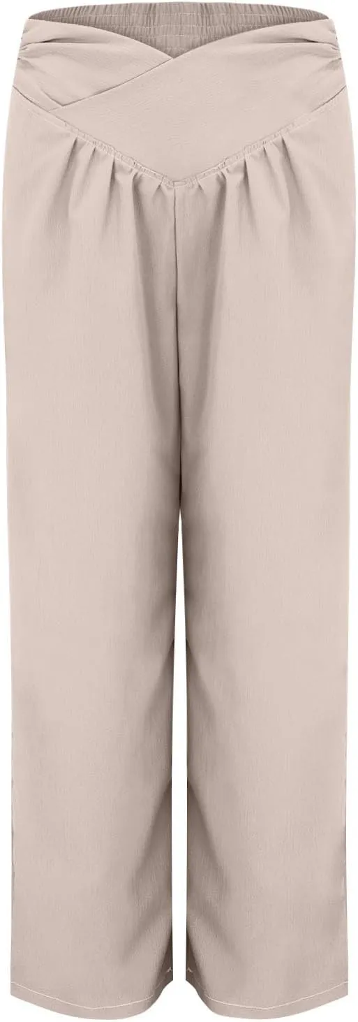 Women's Stylish Linen Palazzo Pants V-Crossover Waisted Wide Leg Casual Lounge Trousers Summer Boho Yoga Beach Pants