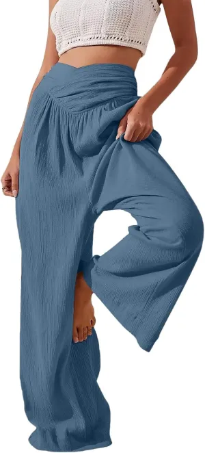 Women's Stylish Linen Palazzo Pants V-Crossover Waisted Wide Leg Casual Lounge Trousers Summer Boho Yoga Beach Pants