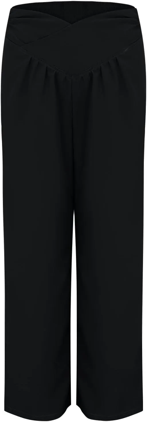 Women's Stylish Linen Palazzo Pants V-Crossover Waisted Wide Leg Casual Lounge Trousers Summer Boho Yoga Beach Pants